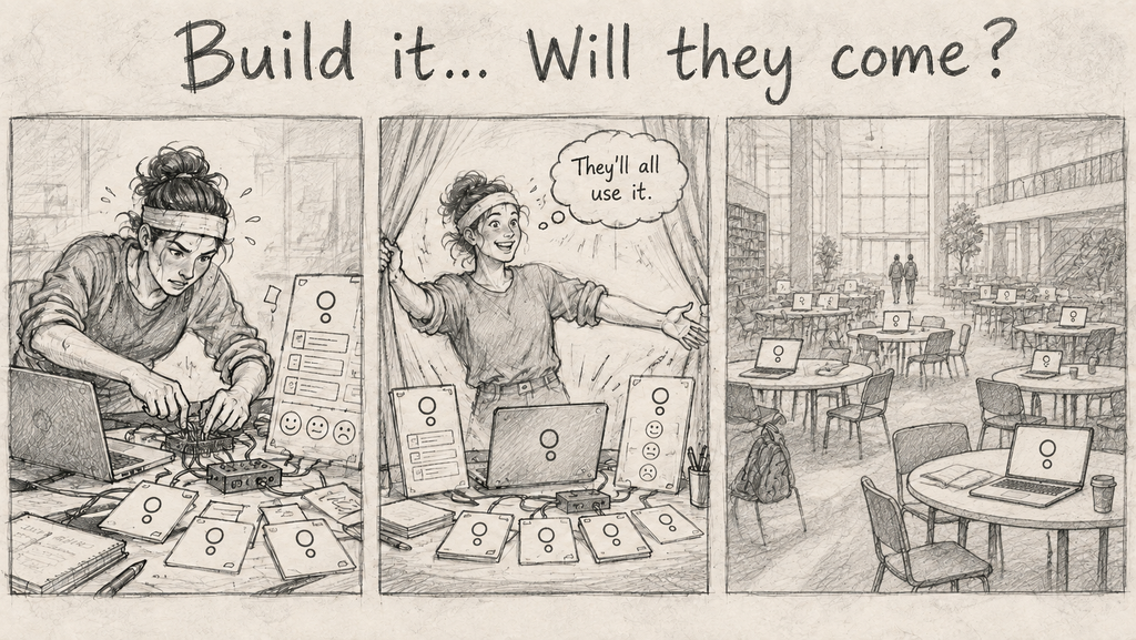 Hand-drawn three-panel comic titled “Build it… Will they come?” In the first panel, a stressed woman works intensely at a cluttered desk surrounded by laptops and prototype screens. In the second, she presents the finished product enthusiastically, thinking, “They’ll all use it.” In the third, the product is displayed on laptops across a large café-like space, but no one is using them; the room is mostly empty.